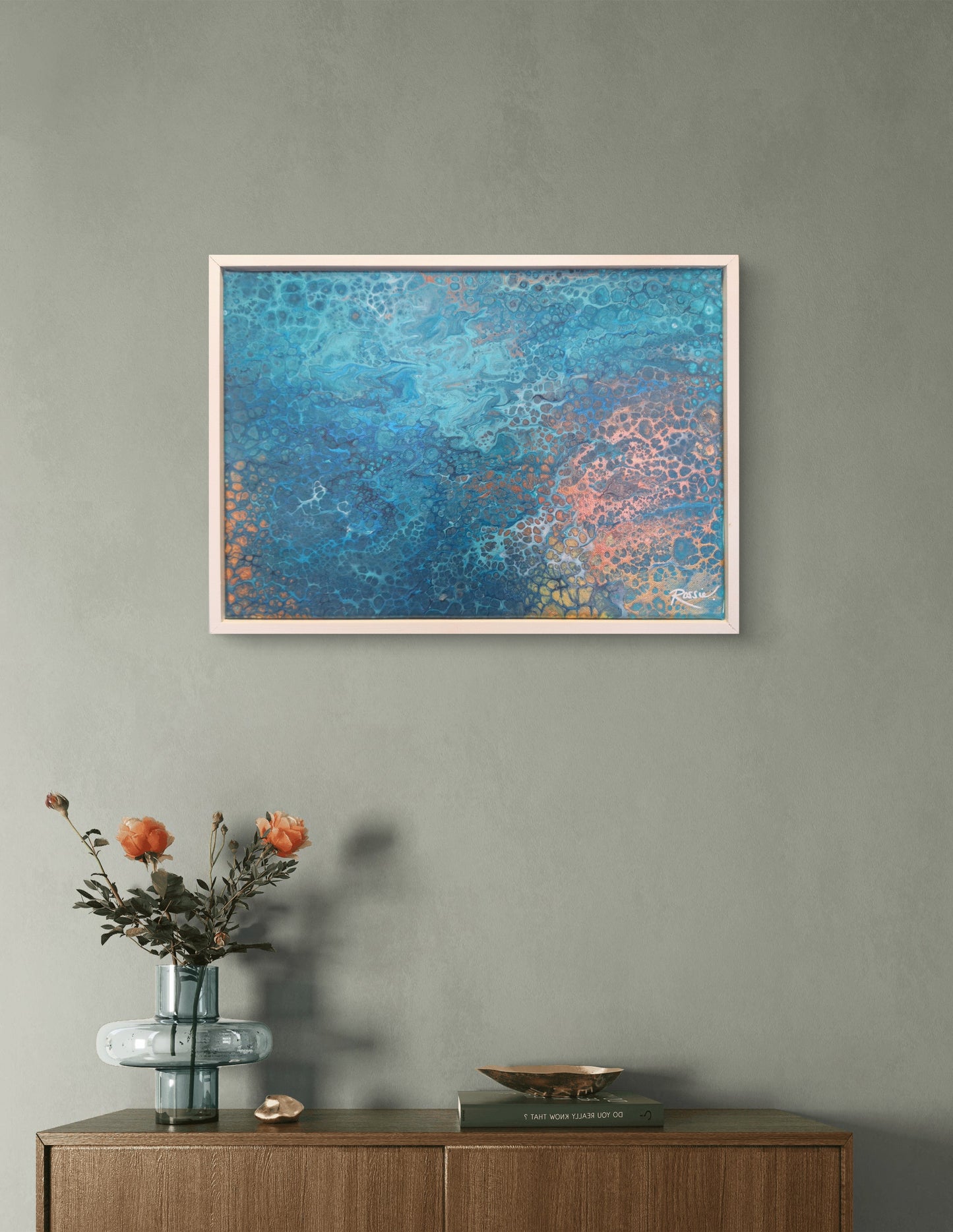 Ocean floor - original abstract Oceanic art. in situ on green wall by book and plant