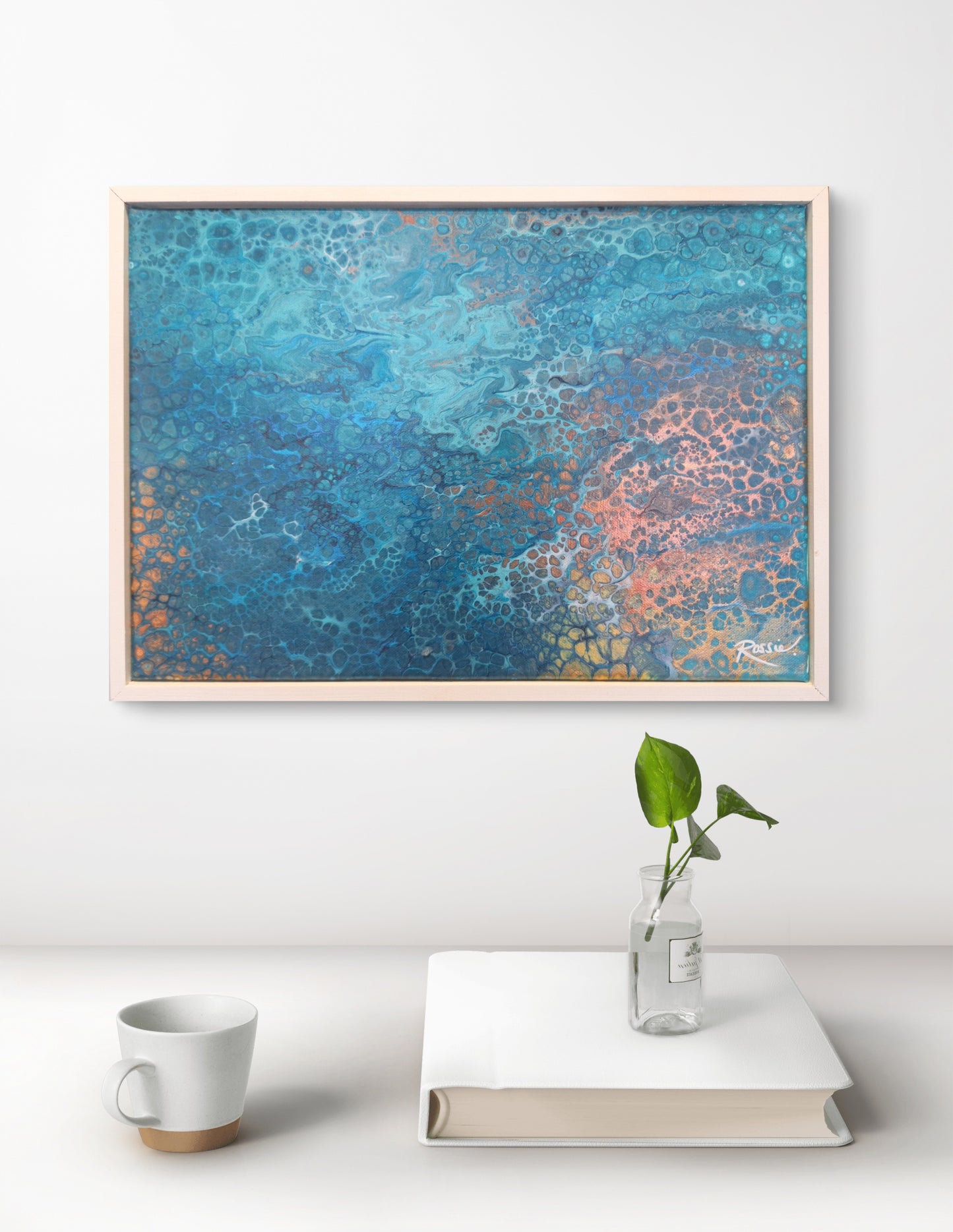 Ocean floor - original abstract Oceanic art. in situ on wall by book and plant