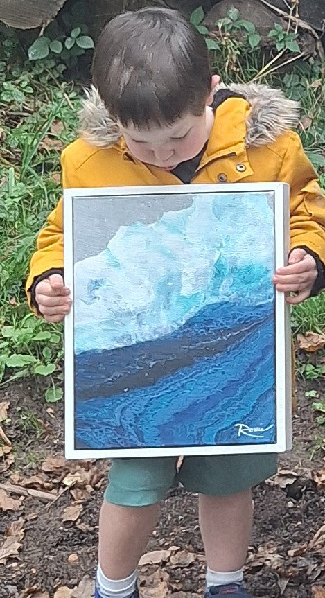 A new season is coming. Abstract Oceanic Art. Original piece held by our son. Blue ocean crashing waves onto a silver beach